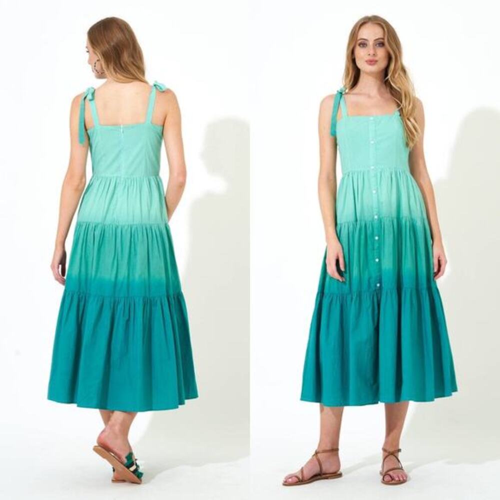 Oliphant NEW Tie Strap Button Cotton Poplin Midi Dress in Ombre Green - Size‎ XS